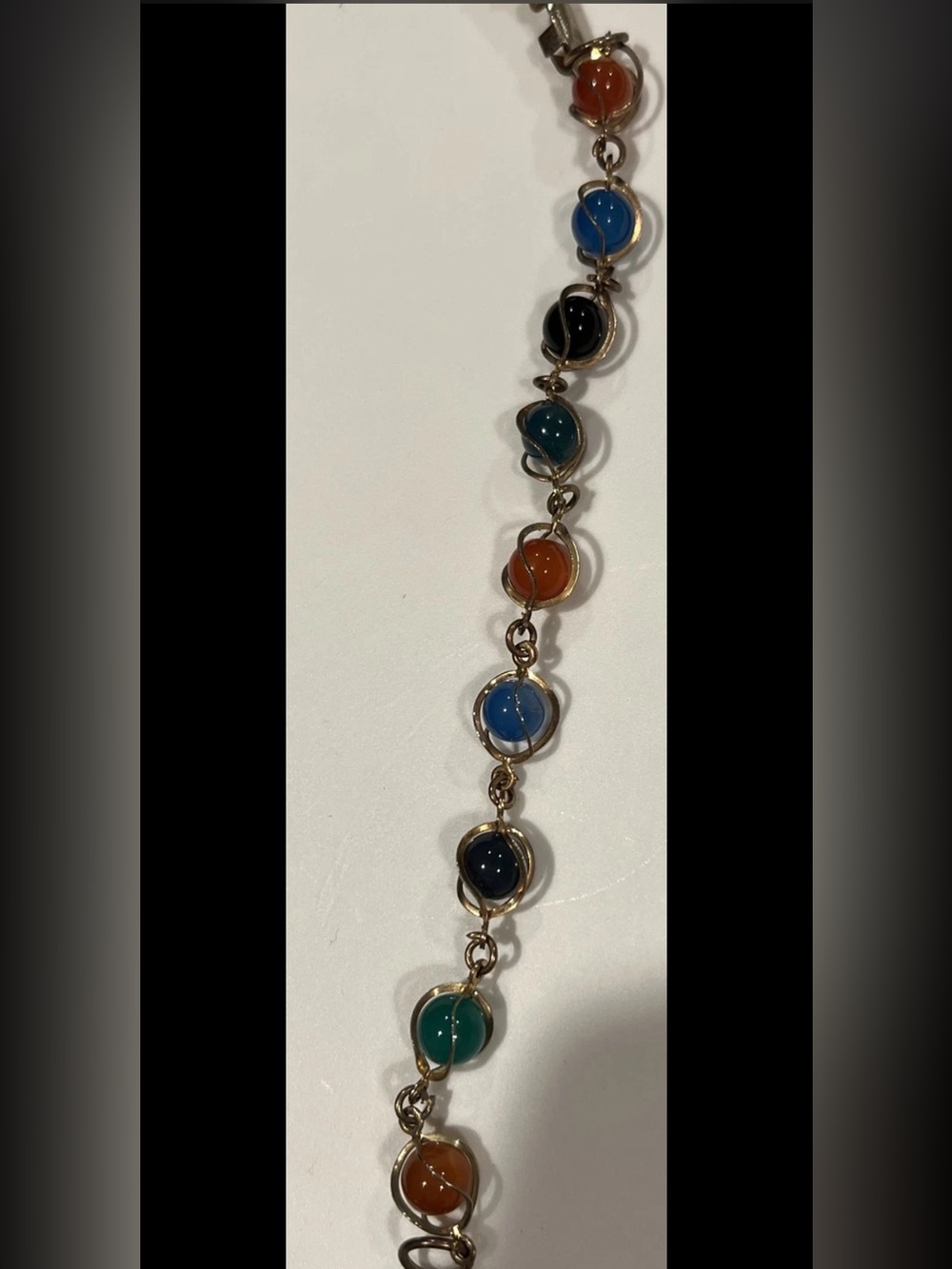 Chakra Bracelet Mixed Round Glass Stone Gold Tone Wire Wrapped 7.5"